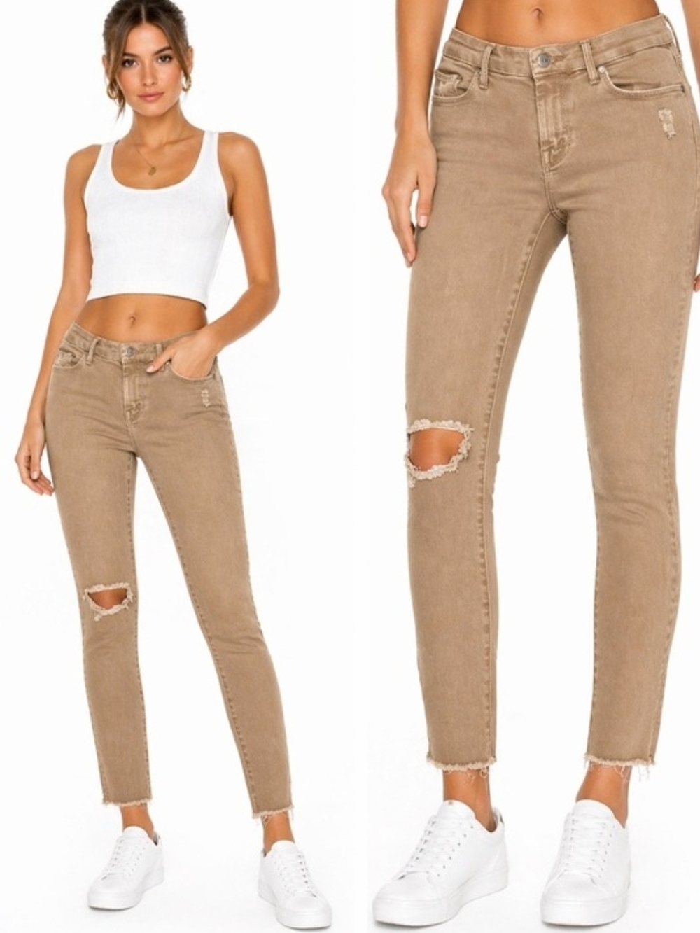 MOTHER The Looker Tan Cropped Ankle Jeans with Knee Distress
